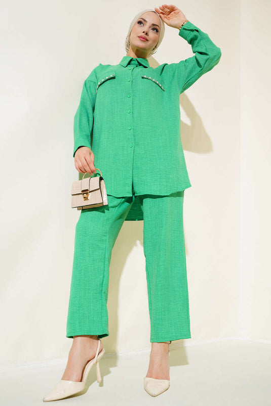 Costume Double en Lin Orné de Perles avec Poches à Rabat Benetton