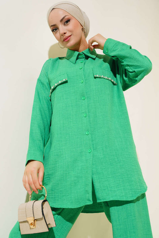 Costume Double en Lin Orné de Perles avec Poches à Rabat Benetton