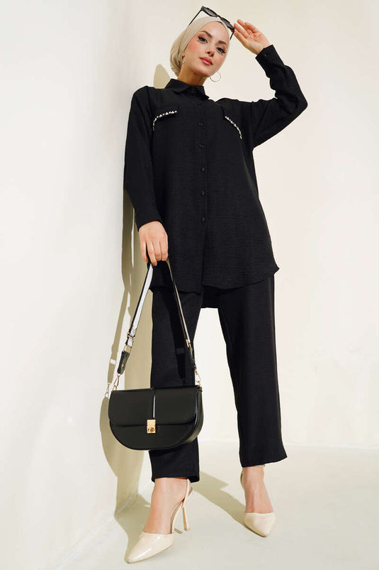 Costume double en lin orné de perles avec rabats de poche Noir