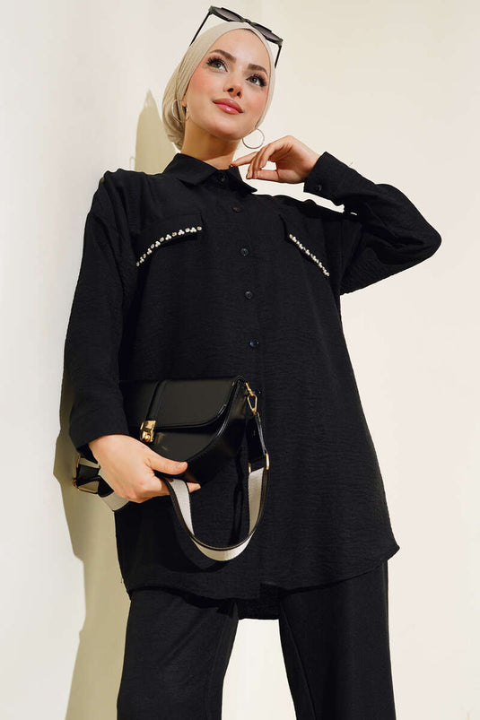 Costume double en lin orné de perles avec rabats de poche Noir