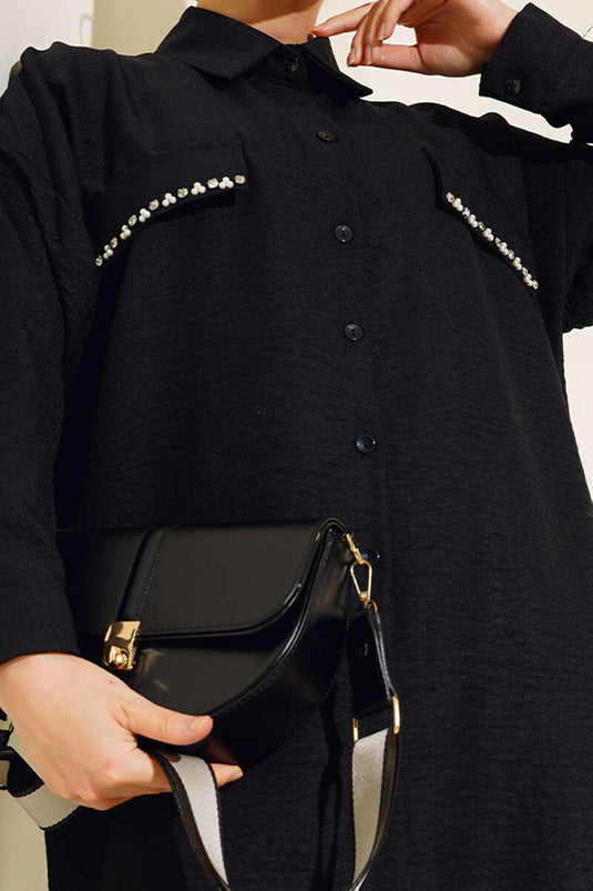 Candle Covers with Pearl Decoration Linen Double Set Black