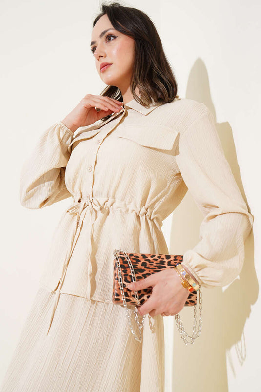 Completo a quadri beige con tasca, passante in vita e gonna