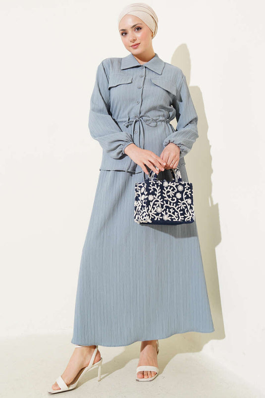 Pocket Flap Waist Tunnel Skirted Crepe Suit Gray