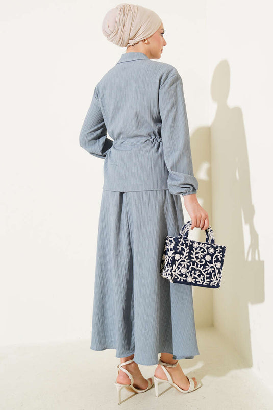 Pocket Flap Waist Tunnel Skirted Crepe Suit Gray