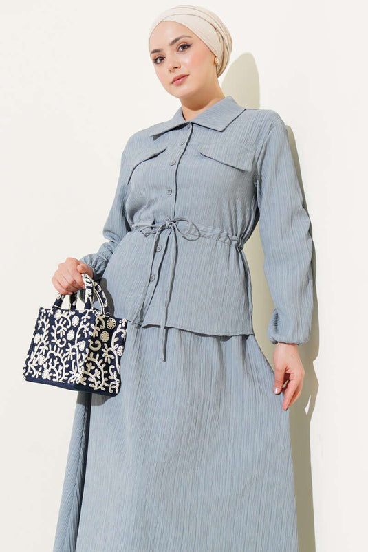 Pocket Flap Waist Tunnel Skirted Crepe Suit Gray