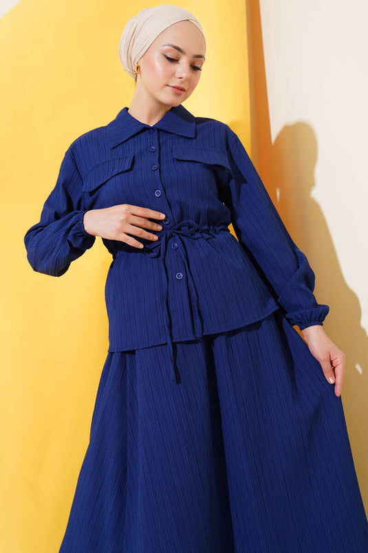 Pocket-Flap Waist Tunnel Skirted Crinkle Suit Navy Blue