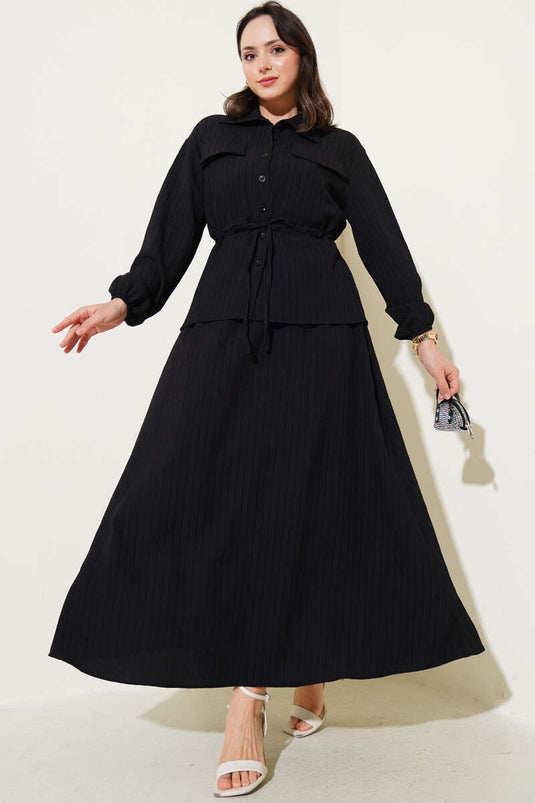 Cep Kapaklı Bel Tünelli Etekli Bürümcük Takım Siyah