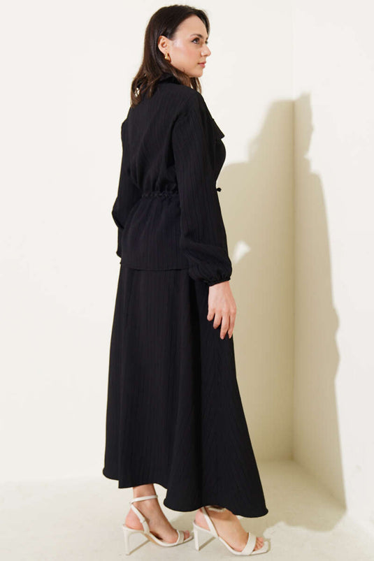 Cep Kapaklı Bel Tünelli Etekli Bürümcük Takım Siyah