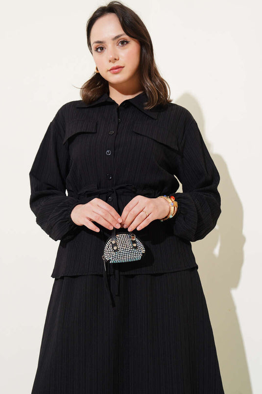 Cep Kapaklı Bel Tünelli Etekli Bürümcük Takım Siyah