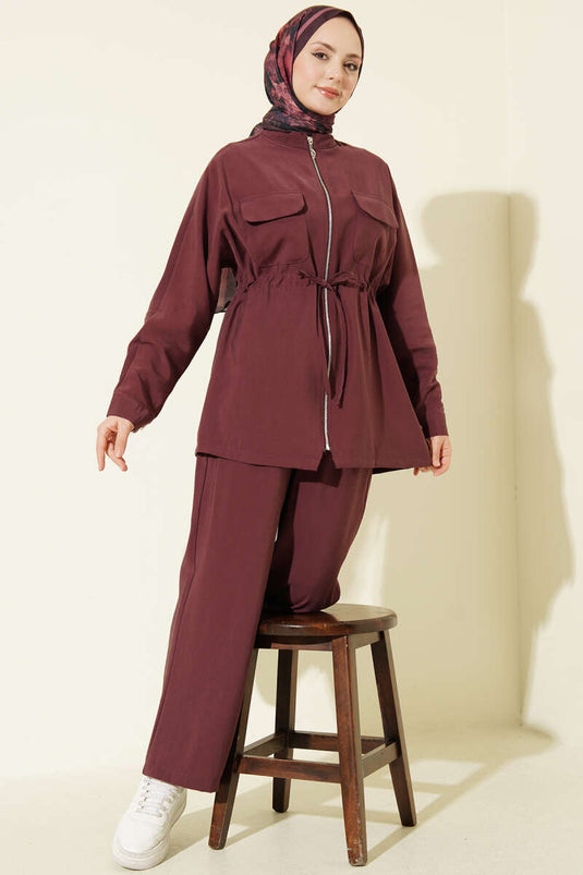 Burgundy Modal Two-Piece Set with Pocketed Waist and Tunnel Waistband