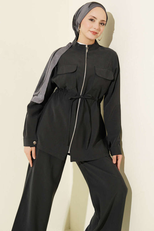 Ensemble double en modal avec ceinture à tunnel et fermeture à glissière, couleur fumée