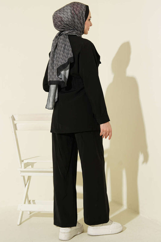 Black Modal Two-Piece Set with Pocketed Waist and Tunnel Waistband