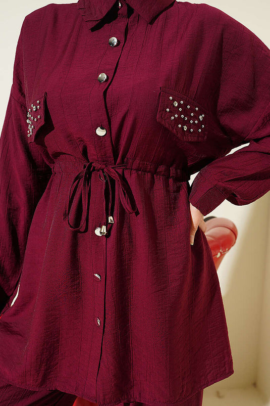 Ensemble deux pièces bordeaux avec ceinture tunnel et fermeture à glissière