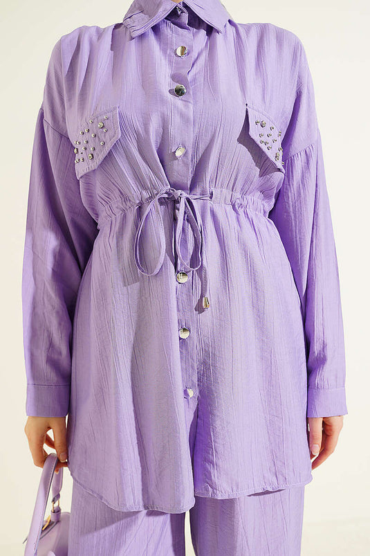 Ensemble deux pièces lilas avec ceinture tunnel et fermeture éclair frontale