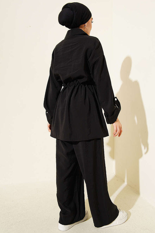 Ensemble modal noir avec ceinture et poche à rabat