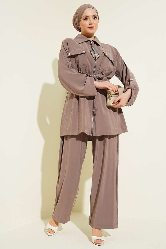 Ensemble en modal avec ceinture tunnel et fermeture à glissière, couleur vison