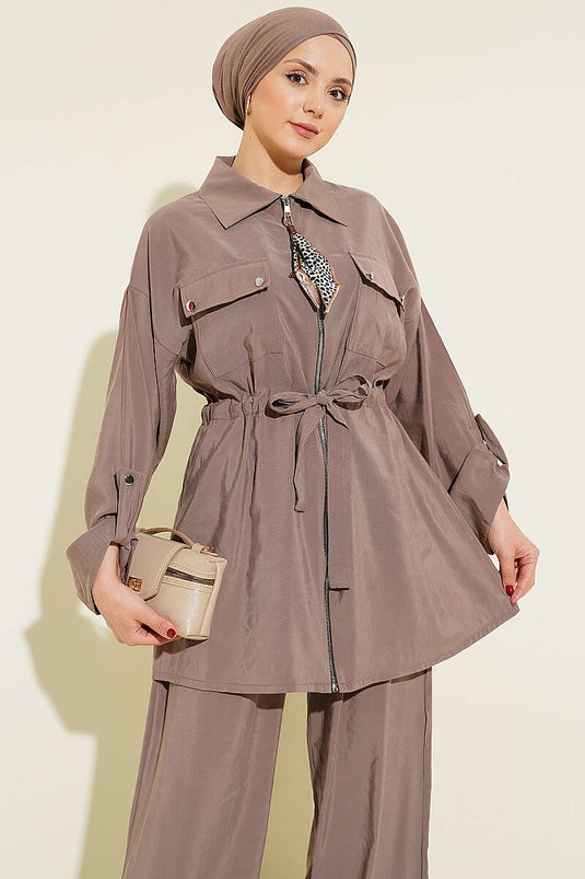 Ensemble en modal avec ceinture tunnel et fermeture à glissière, couleur vison