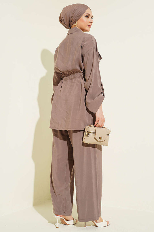 Ensemble en modal avec ceinture tunnel et fermeture à glissière, couleur vison