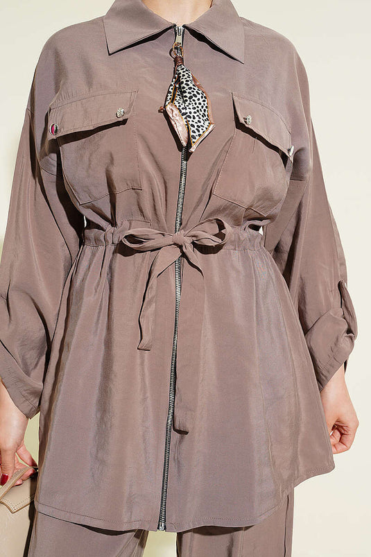 Ensemble en modal avec ceinture tunnel et fermeture à glissière, couleur vison