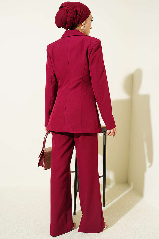 Two-Piece Set with Blazer Jacket and Pocket Flap, Burgundy
