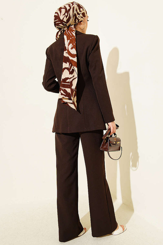 Two-Piece Set with Blazer Jacket and Pocket Flap, Brown