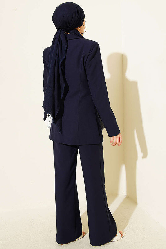 Two-Piece Set with Blazer Jacket and Pocket Flap, Navy Blue