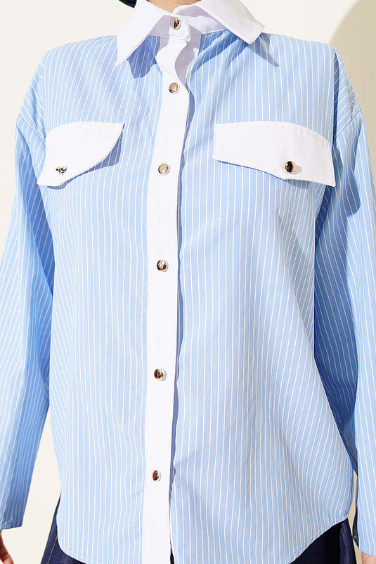 Kurzarmhemd mit Streifen und Umschlagtasche in Babyblau