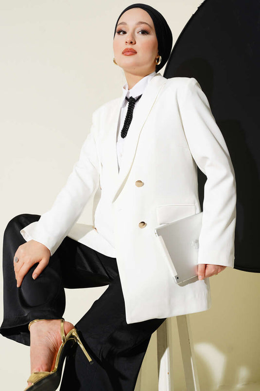سترة بليزر مزدوجة الصدر مع جيوب، أبيض