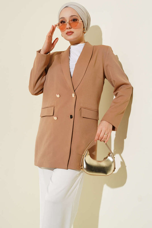 Double Blazer Jacket with Pocket Flap Latte