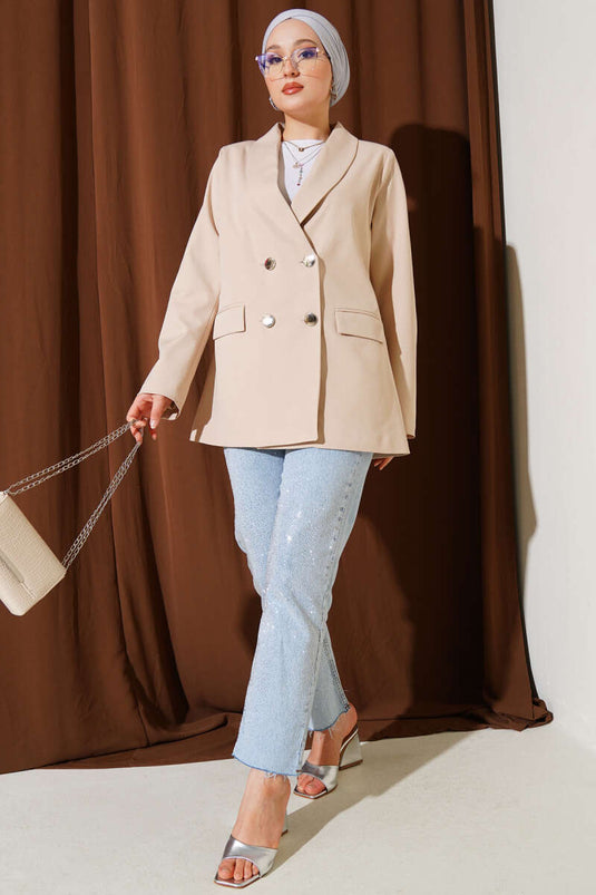 سترة بليزر بأربعة أزرار مع جيوب، لون بيج