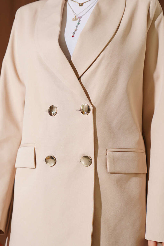 سترة بليزر بأربعة أزرار مع جيوب، لون بيج