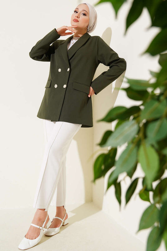 Four-Button Blazer Jacket with Pocket Flaps Khaki