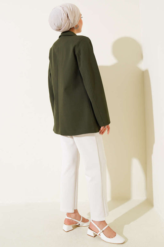 Four-Button Blazer Jacket with Pocket Flaps Khaki
