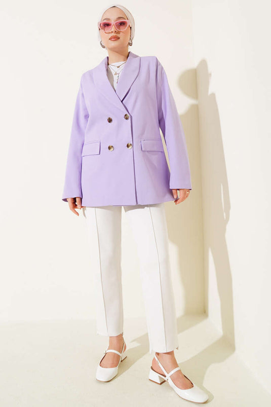 Four-Button Blazer Jacket with Pocket Flaps, Lilac