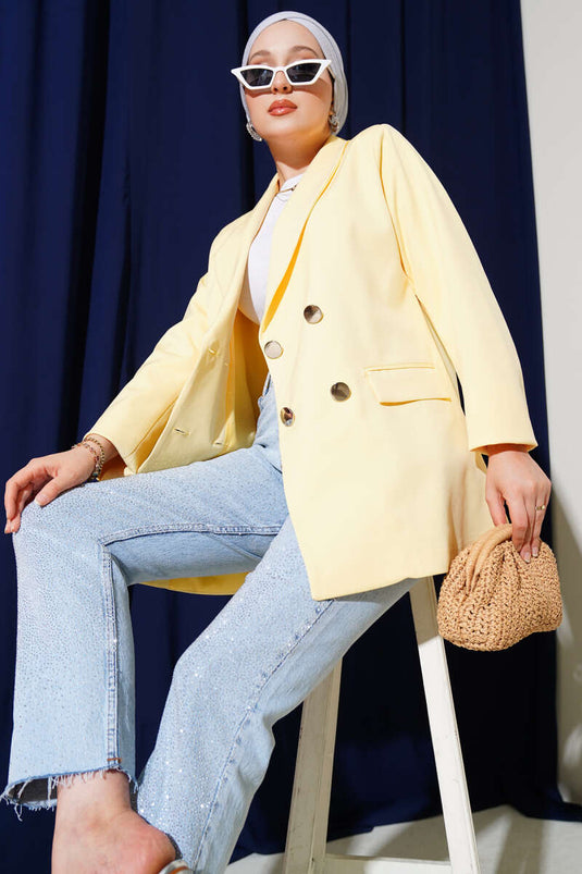 Veste blazer à quatre boutons avec rabats de poche jaune