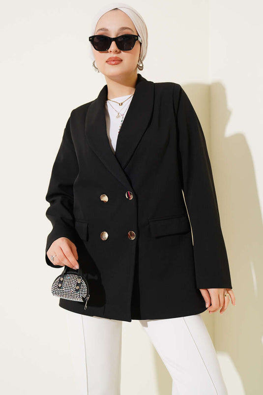 Cep Kapaklı Dört Düğmeli Blazer Ceket Siyah