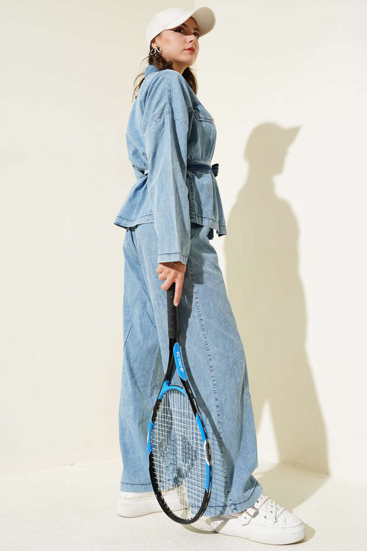 Cep Kapaklı Düğmeli Kuşaklı Kot İkili Takım Kot Mavisi