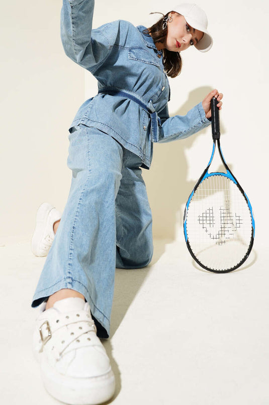 Cep Kapaklı Düğmeli Kuşaklı Kot İkili Takım Kot Mavisi