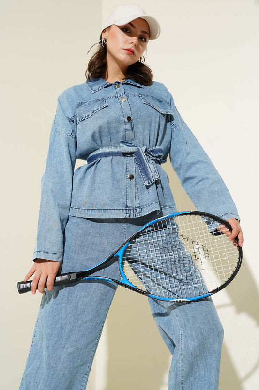 Cep Kapaklı Düğmeli Kuşaklı Kot İkili Takım Kot Mavisi