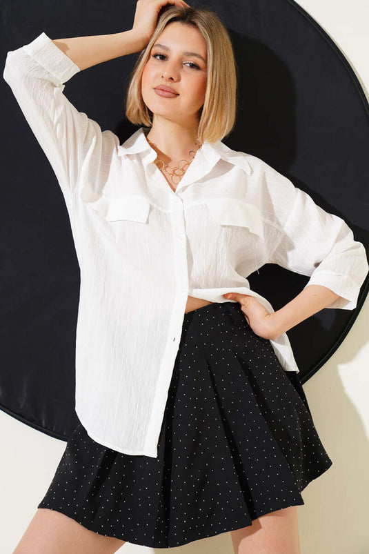 Pocket Flap Poor Sleeve Shirt White