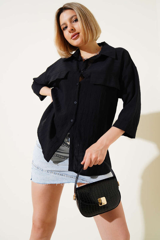 Chemise à manches courtes avec rabat de poche noire