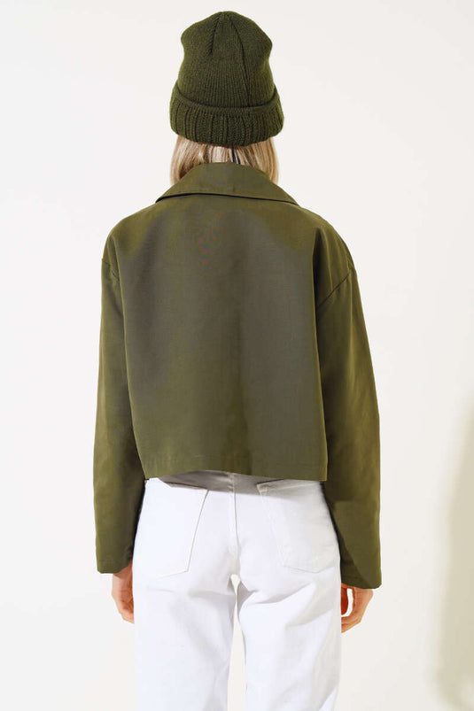 Cep Kapaklı Fermuarlı Kısa Ceket Haki