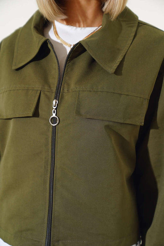 Cep Kapaklı Fermuarlı Kısa Ceket Haki