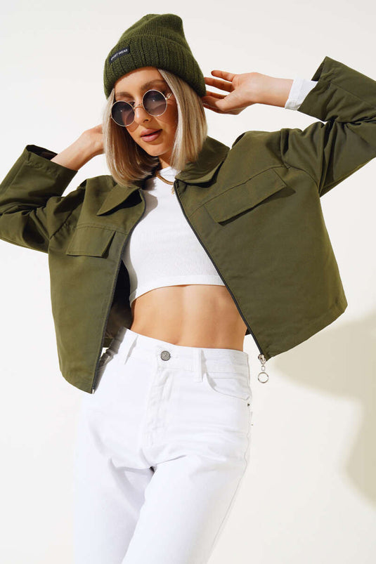 Cep Kapaklı Fermuarlı Kısa Ceket Haki