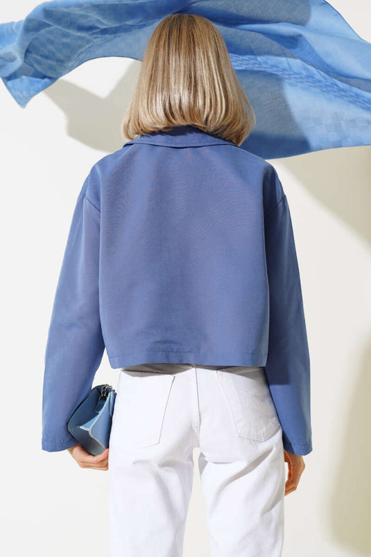 Cep Kapaklı Fermuarlı Kısa Ceket İndigo