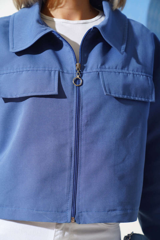 Cep Kapaklı Fermuarlı Kısa Ceket İndigo
