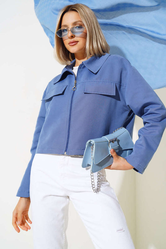 Cep Kapaklı Fermuarlı Kısa Ceket İndigo