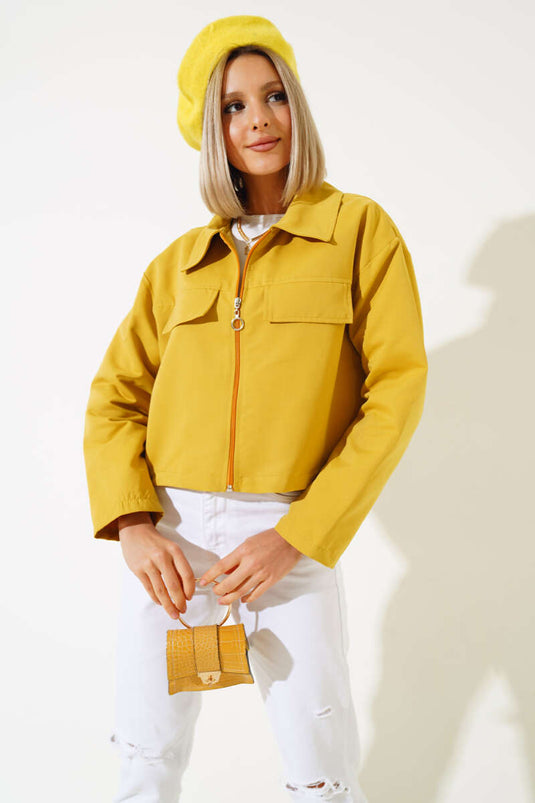 Cep Kapaklı Fermuarlı Kısa Ceket Yağ Yeşili