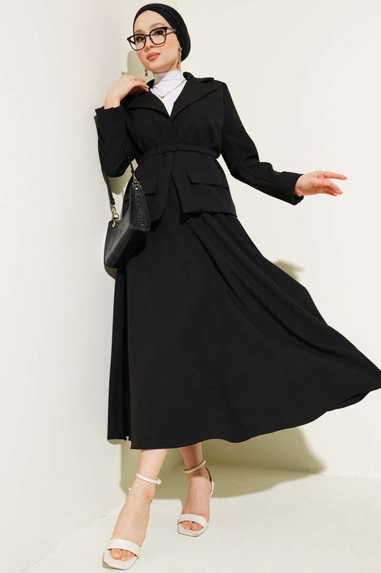 Cep Kapaklı Kemerli Ceket Etek Takım Siyah