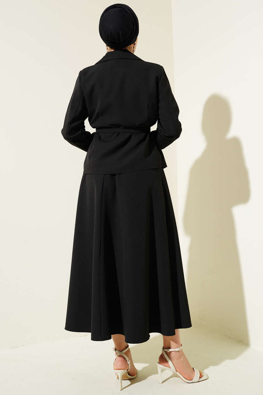 Cep Kapaklı Kemerli Ceket Etek Takım Siyah